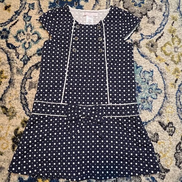 Janie and Jack Navy Dot Check Drop Waist Bow English Dress Size 2T - Picture 1 of 6